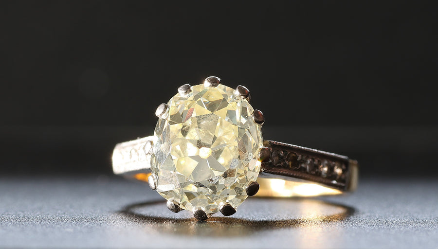 Three-carat old mine cut diamond ring in a vintage setting