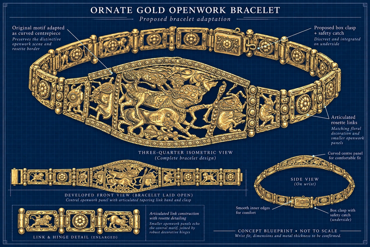 Ornate gold openwork bracelet blueprint