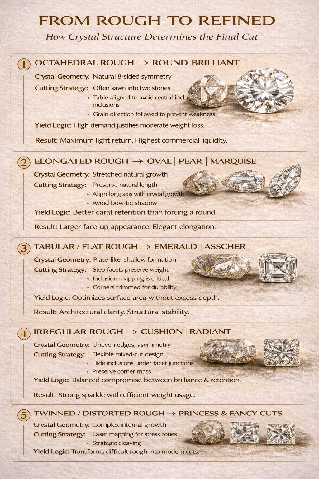 From Rough to Cut: How Diamond Crystal Shape Determines the Final Cut