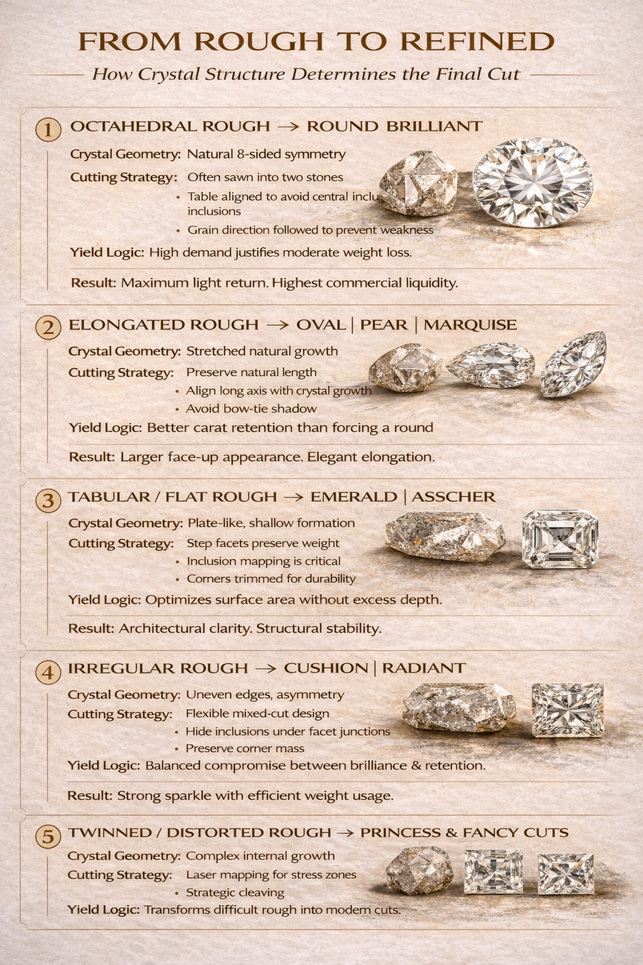 From Rough to Cut: How Diamond Crystal Shape Determines the Final Cut