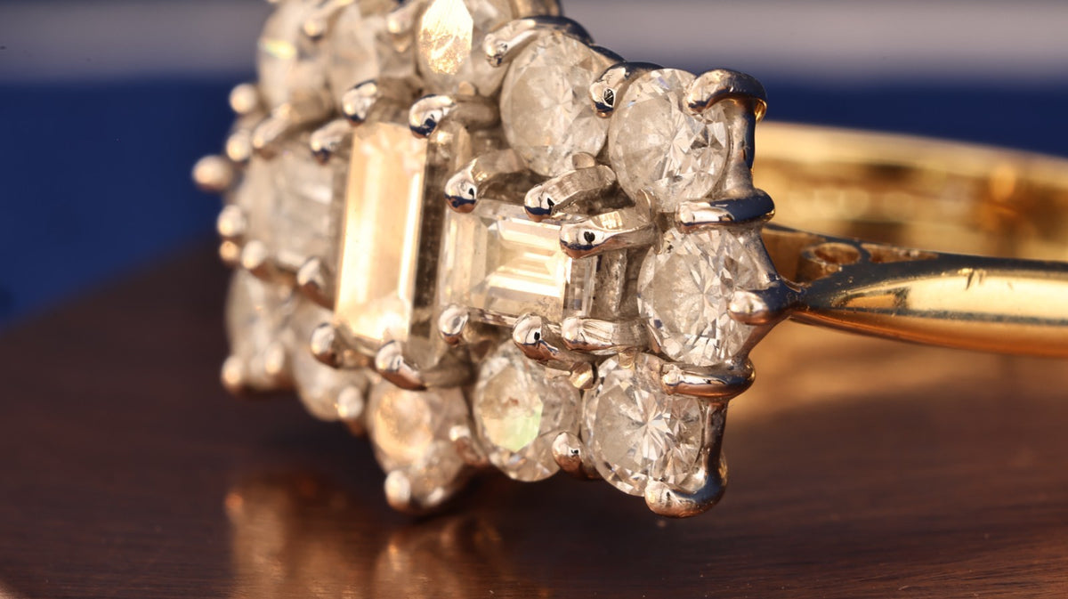 Vintage 18ct Gold Diamond Cluster Ring ~1.8ct Total | Emerald Cut & Brilliant