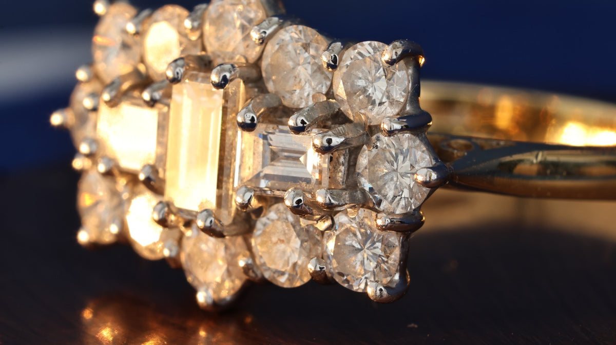 Vintage 18ct Gold Diamond Cluster Ring ~1.8ct Total | Emerald Cut & Brilliant