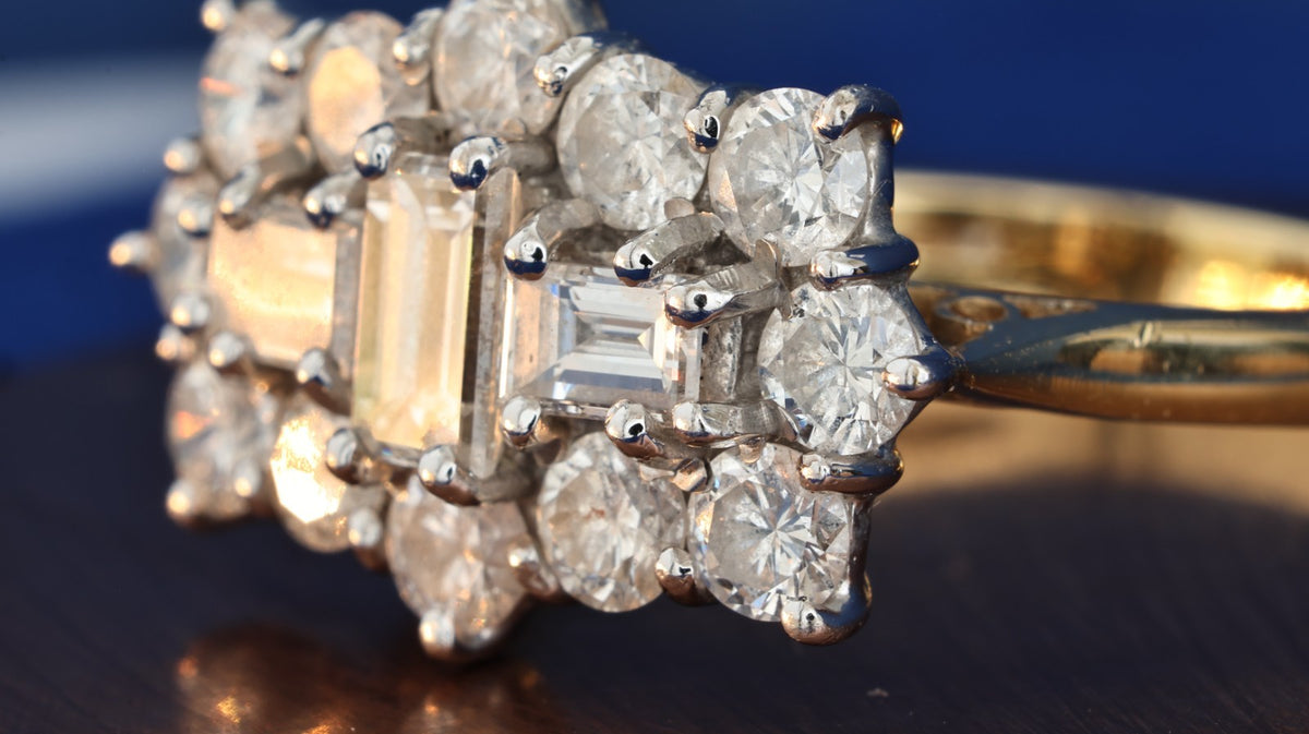 Vintage 18ct Gold Diamond Cluster Ring ~1.8ct Total | Emerald Cut & Brilliant