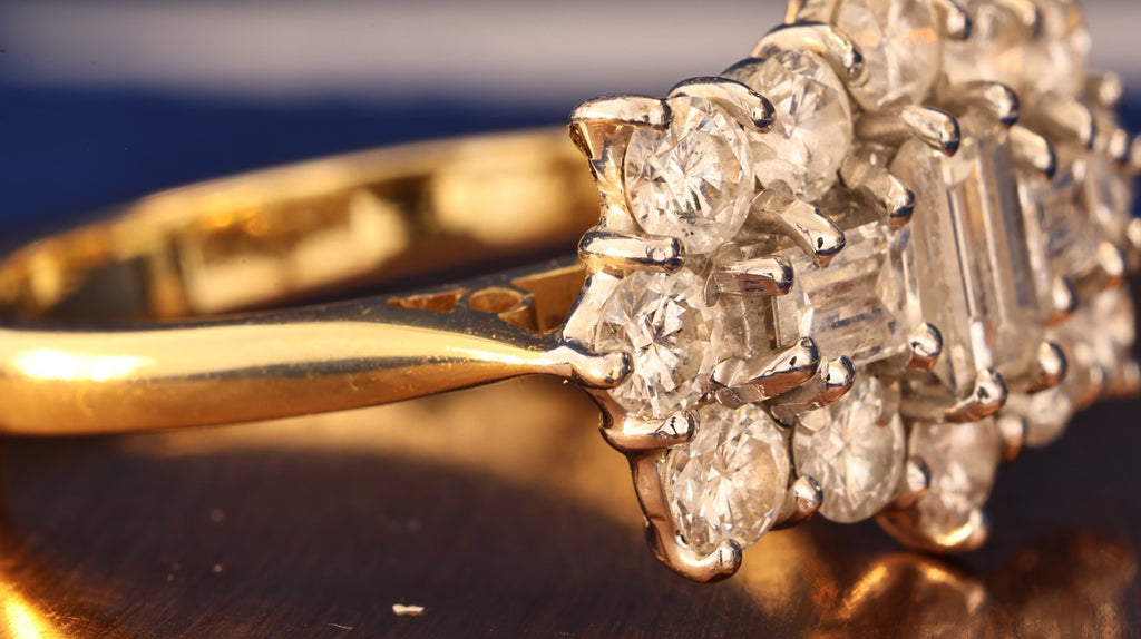 Vintage 18ct Gold Diamond Cluster Ring ~1.8ct Total | Emerald Cut & Brilliant