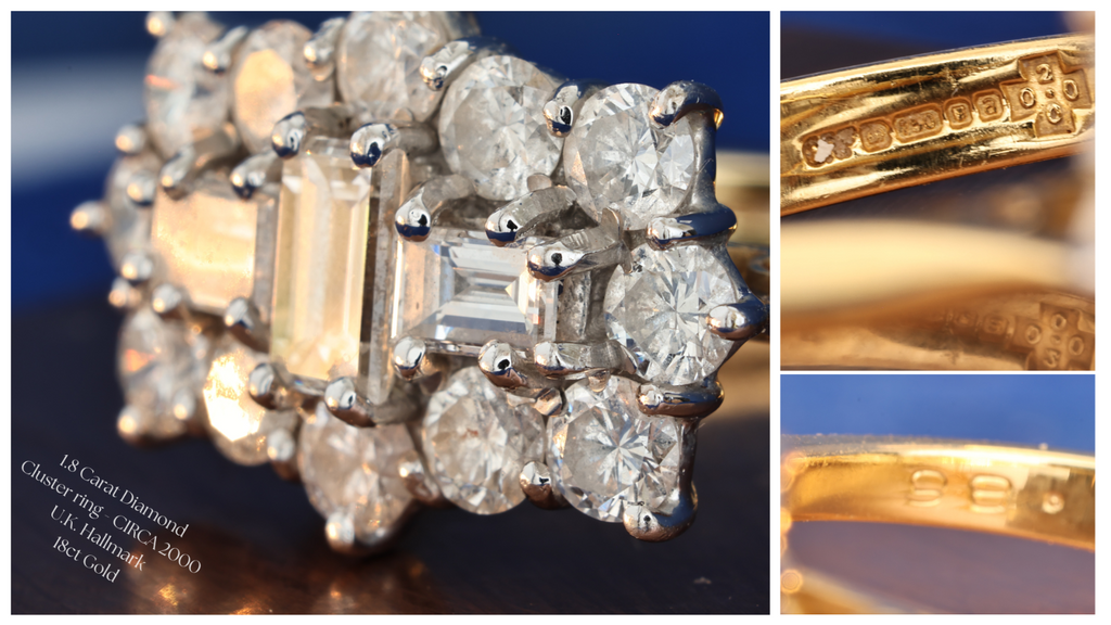 Vintage 18ct Gold Diamond Cluster Ring ~1.8ct Total | Emerald Cut & Brilliant