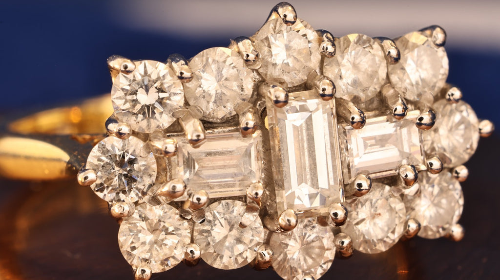 Vintage 18ct Gold Diamond Cluster Ring ~1.8ct Total | Emerald Cut & Brilliant