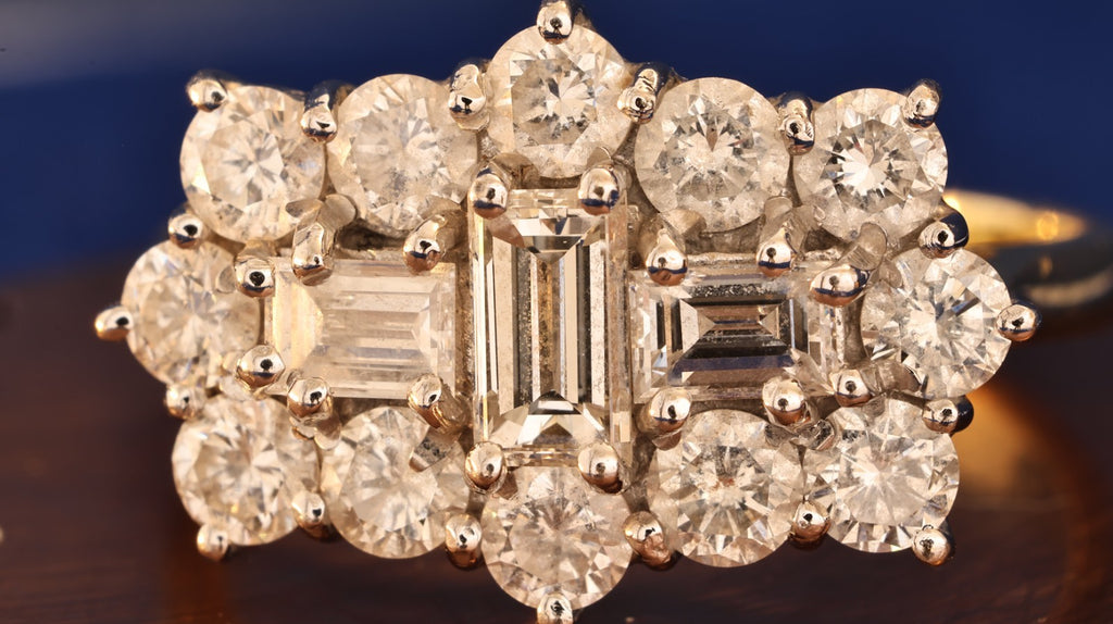Vintage 18ct Gold Diamond Cluster Ring ~1.8ct Total | Emerald Cut & Brilliant