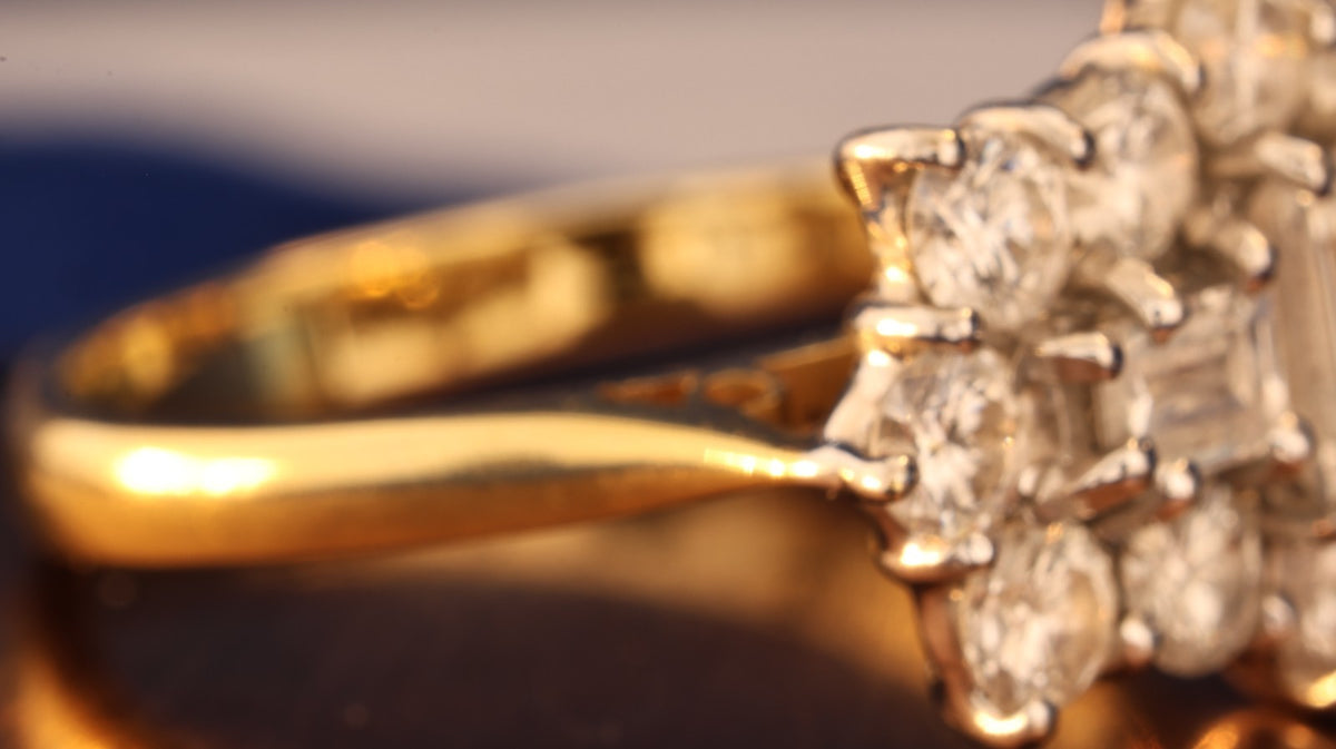 Vintage 18ct Gold Diamond Cluster Ring ~1.8ct Total | Emerald Cut & Brilliant