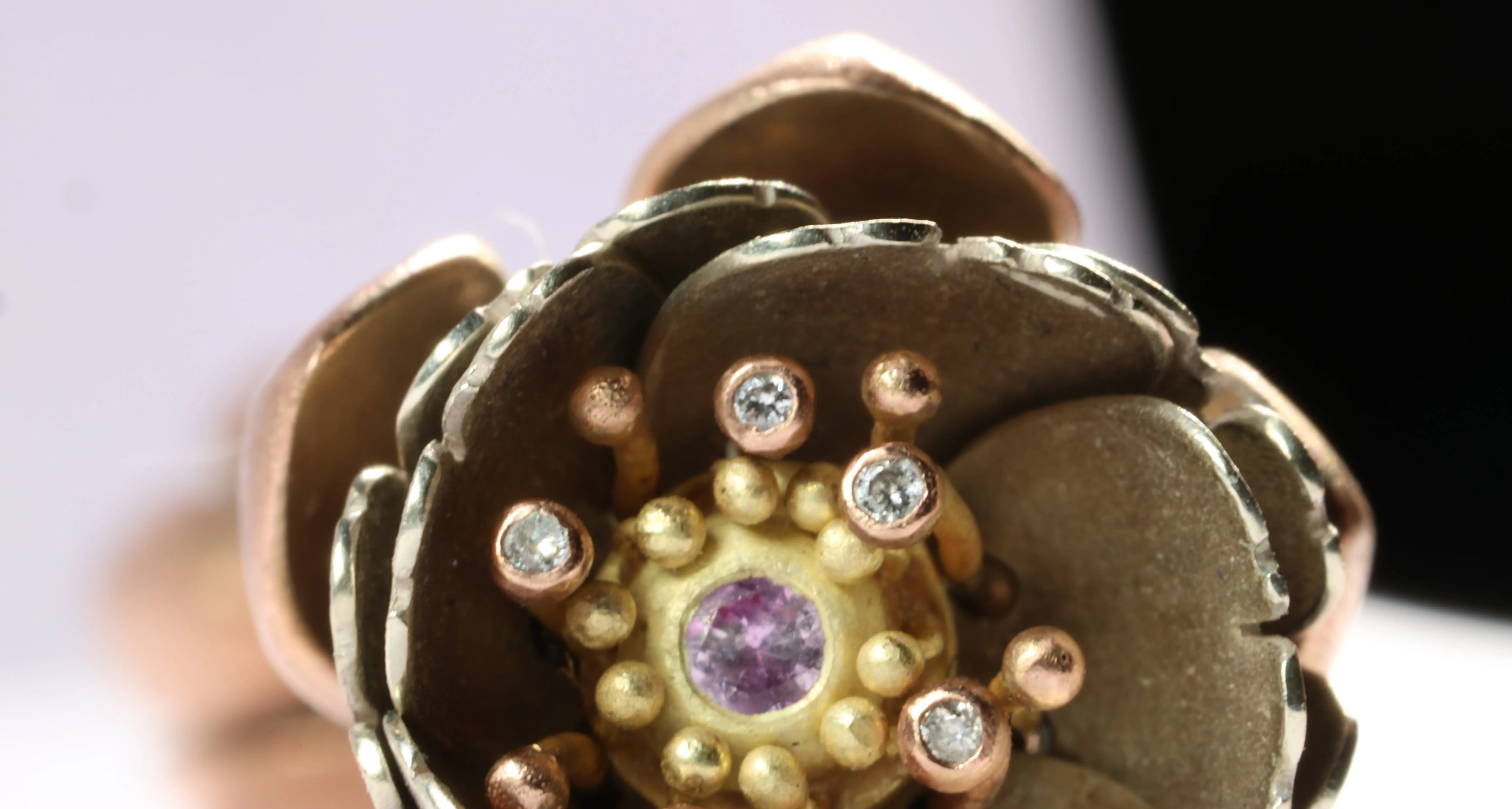 Cherry Blossom Articulated Pendant with Diamonds and pink sapphire 18k Rose Gold