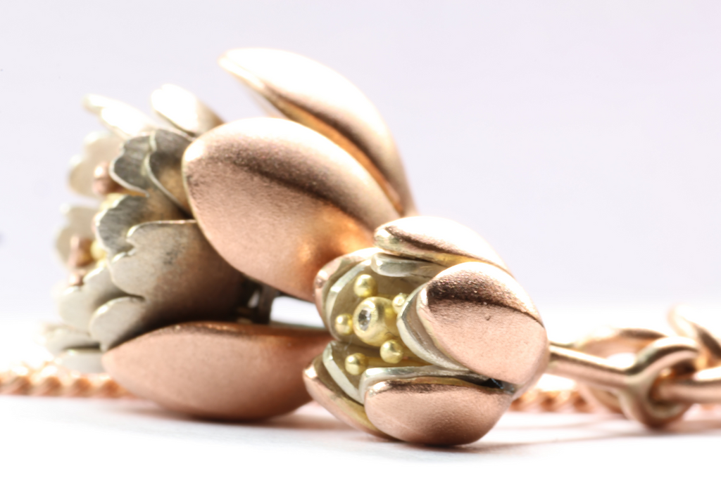 Cherry Blossom Articulated Pendant with Diamonds and pink sapphire 18k Rose Gold