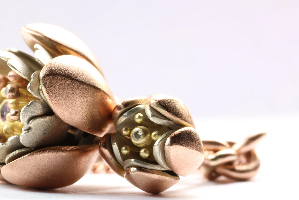 Cherry Blossom Articulated Pendant with Diamonds and pink sapphire 18k Rose Gold