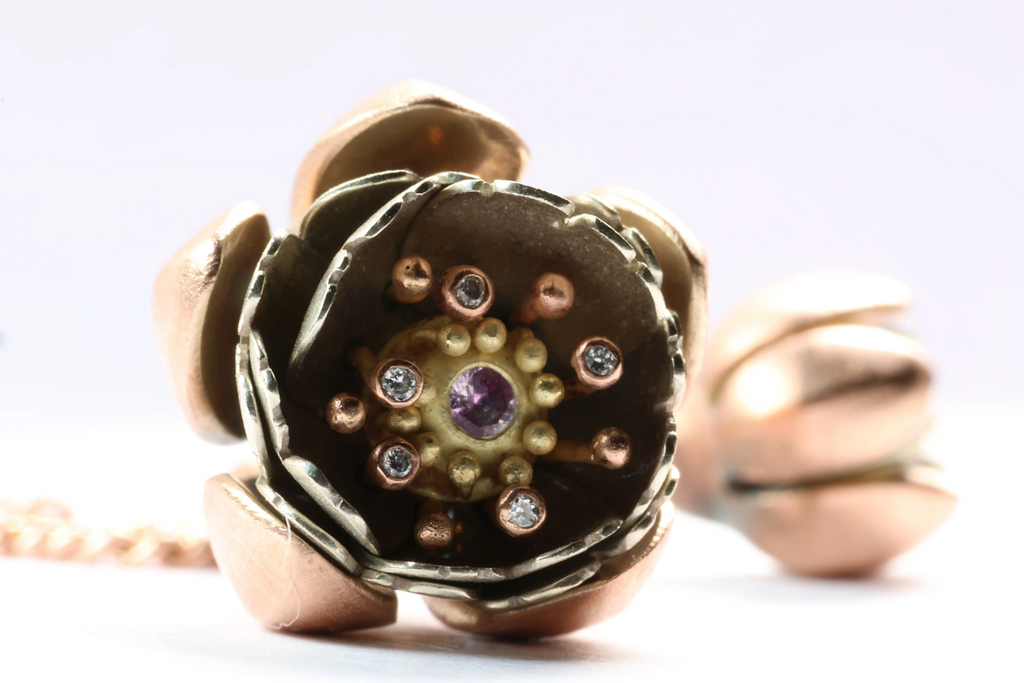 Cherry Blossom Articulated Pendant with Diamonds and pink sapphire 18k Rose Gold