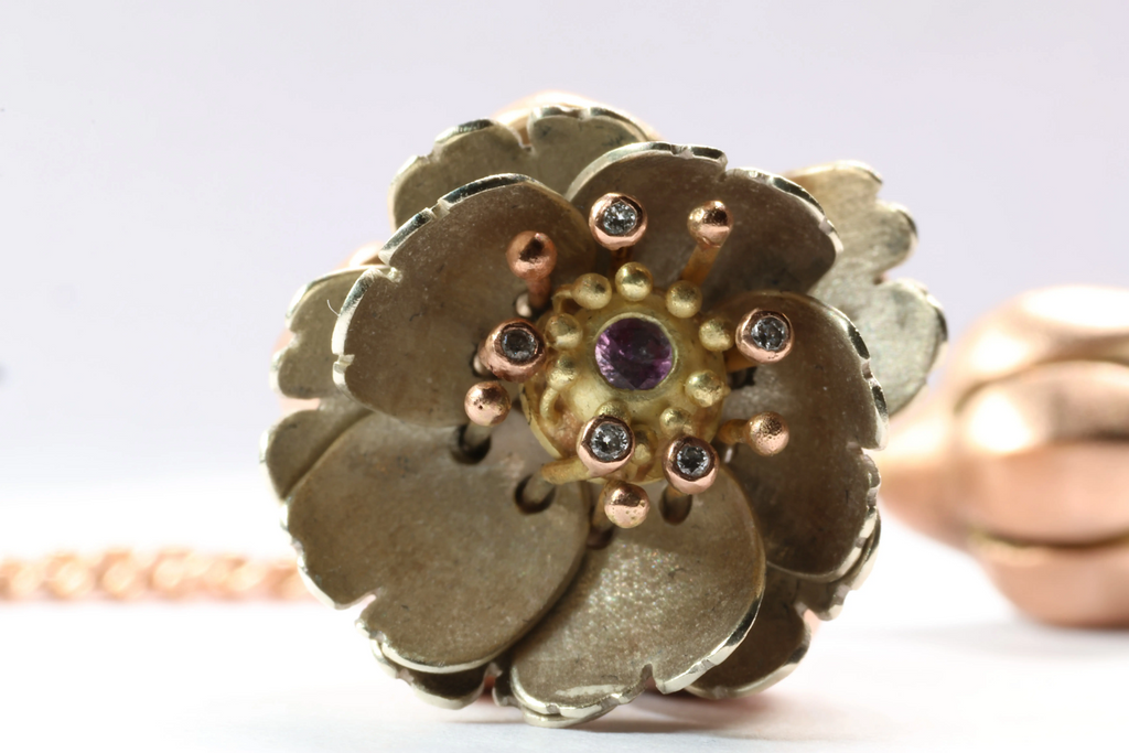 Cherry Blossom Articulated Pendant with Diamonds and pink sapphire 18k Rose Gold