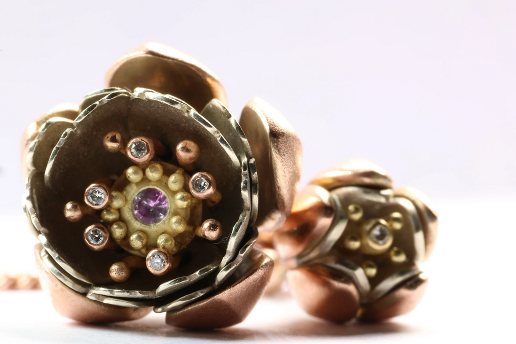 Cherry Blossom Articulated Pendant with Diamonds and pink sapphire 18k Rose Gold