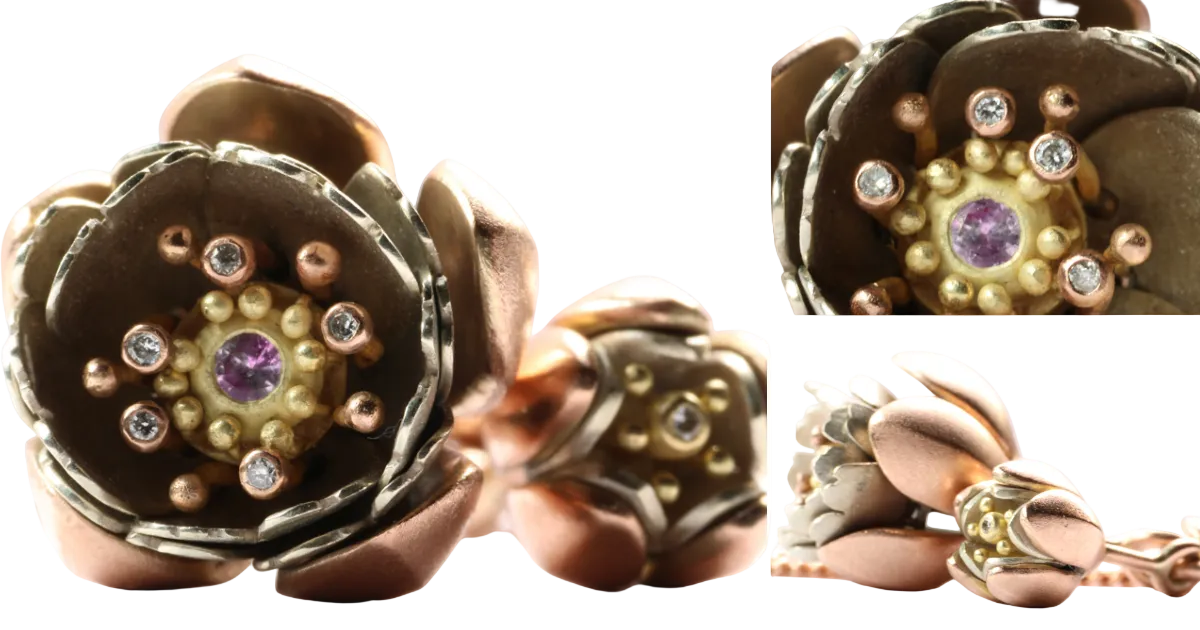 Cherry Blossom Articulated Pendant with Diamonds and pink sapphire 18k Rose Gold